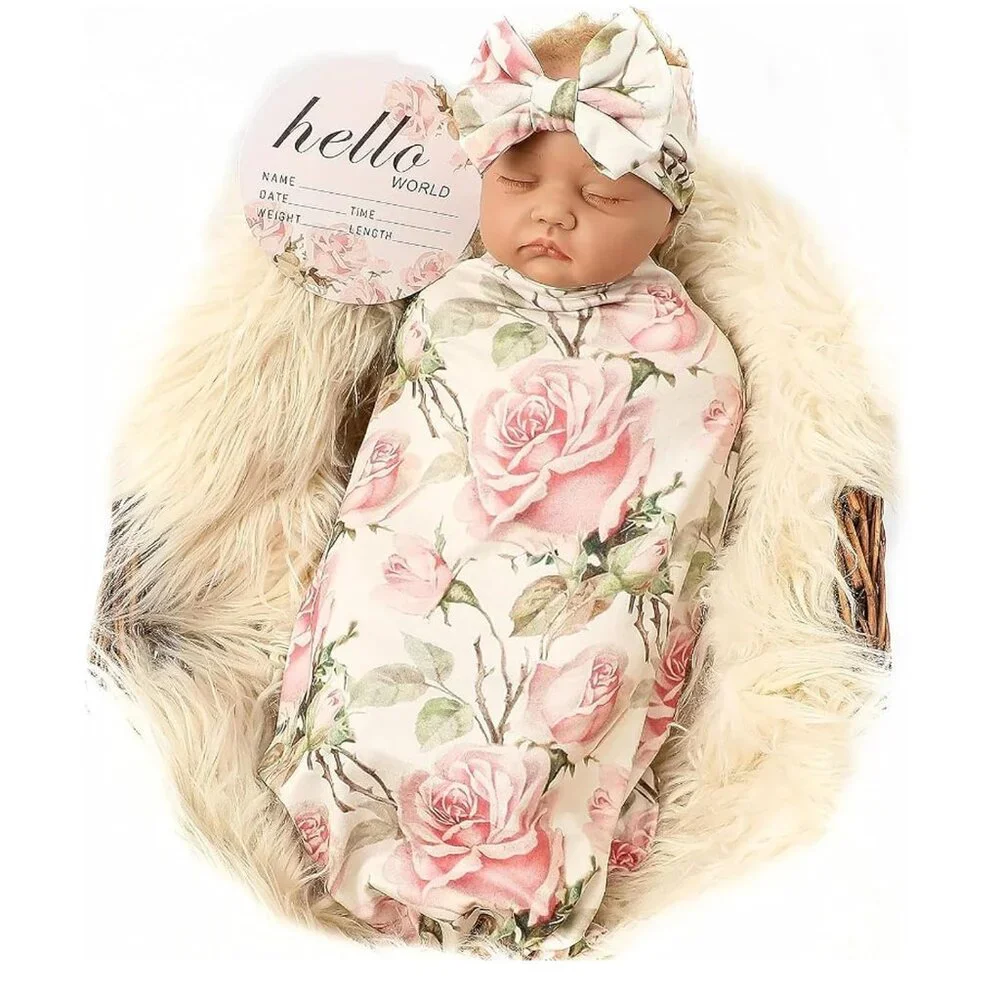 Newborn Receiving Blanket Headband Set Baby Flower Swaddle vintage flower